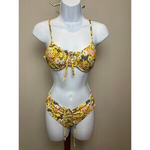 Yellow Floral Bikini Underwire Padded Swim Set Women’s Small 4-6